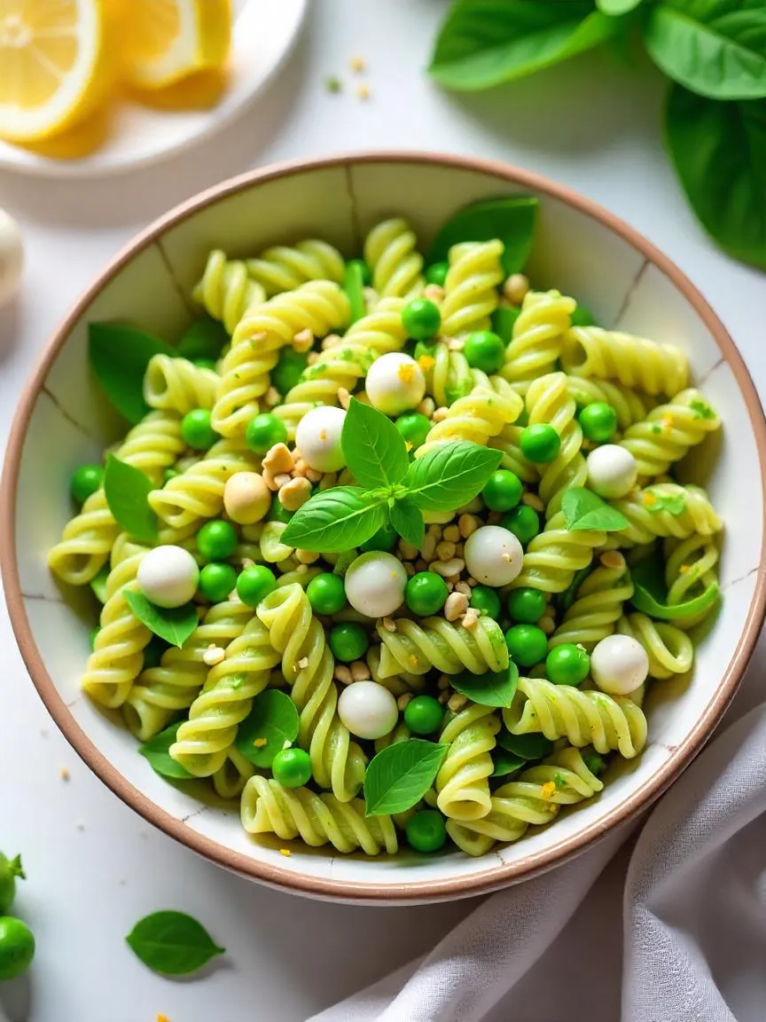 Spring pasta salad with pesto, peas, mozzarella, and basil in a bowl. 