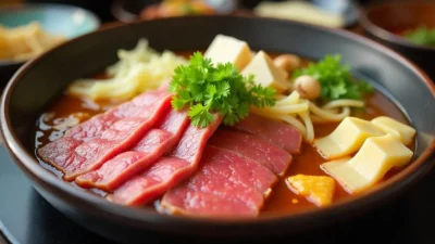A steaming hot pot of sukiyaki with thinly sliced beef, tofu, mushrooms, and vegetables simmering in a savory broth.