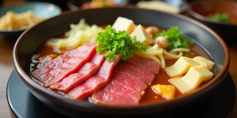 A steaming hot pot of sukiyaki with thinly sliced beef, tofu, mushrooms, and vegetables simmering in a savory broth.