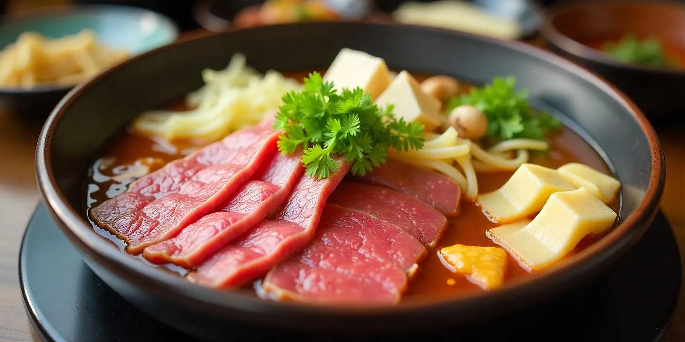 A steaming hot pot of sukiyaki with thinly sliced beef, tofu, mushrooms, and vegetables simmering in a savory broth.