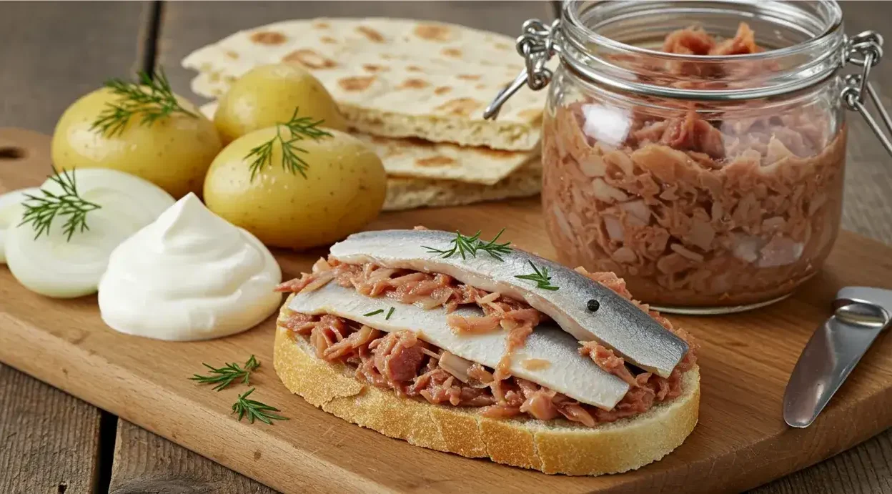 Surströmming — traditional Swedish fermented herring served with flatbread, potatoes, and onions.