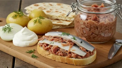 Surströmming — traditional Swedish fermented herring served with flatbread, potatoes, and onions.