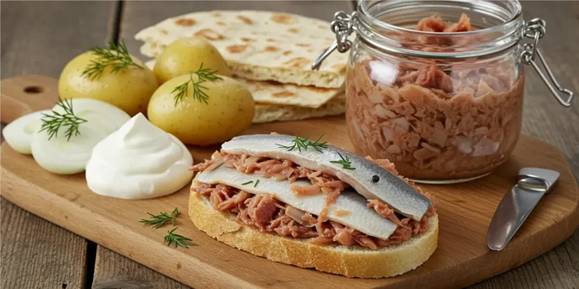Surströmming — traditional Swedish fermented herring served with flatbread, potatoes, and onions.