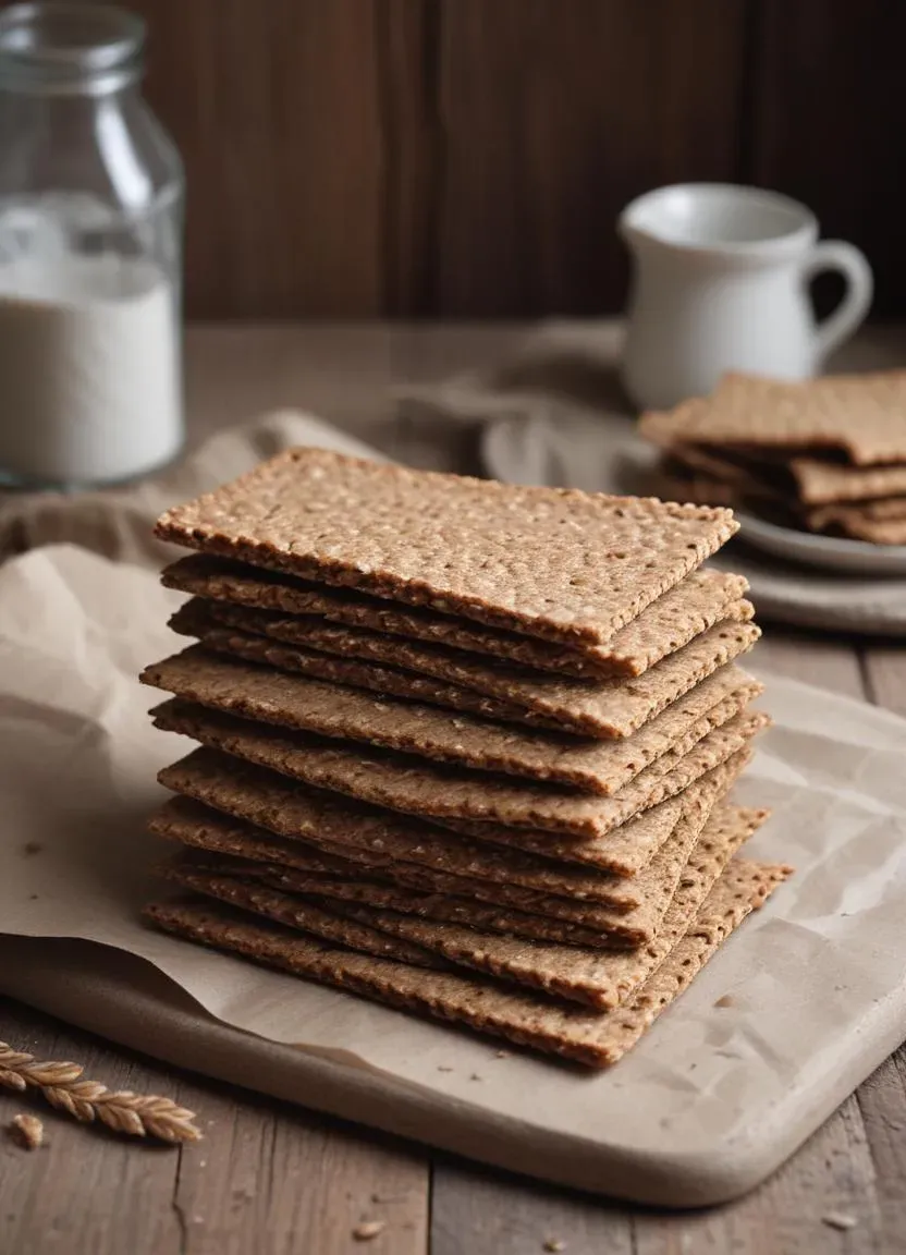 Crisp, golden knäckebröd slices with a rustic appearance, garnished with toppings and surrounded by wheat or rye stalks.