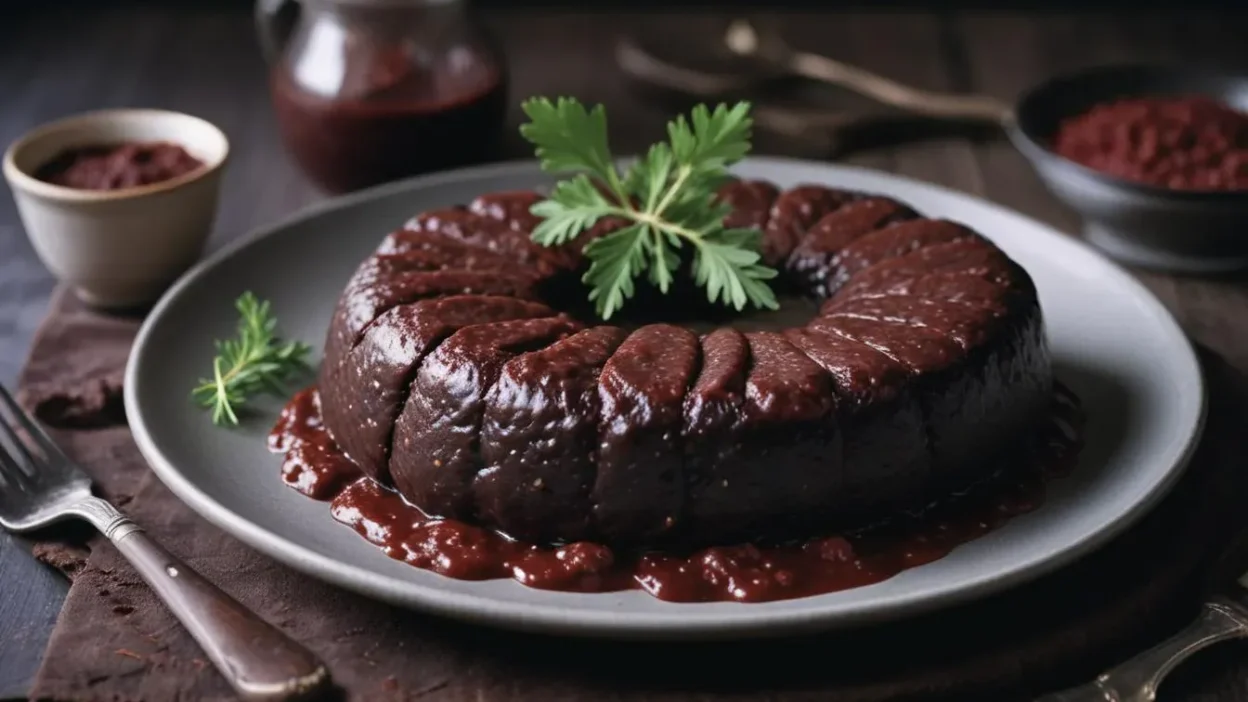 A plate of Swedish blodpudding served with lingonberry jam, crispy bacon, and pickled cabbage, showcasing the traditional blood sausage dish.