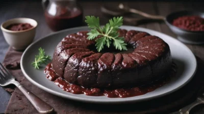 A plate of Swedish blodpudding served with lingonberry jam, crispy bacon, and pickled cabbage, showcasing the traditional blood sausage dish.