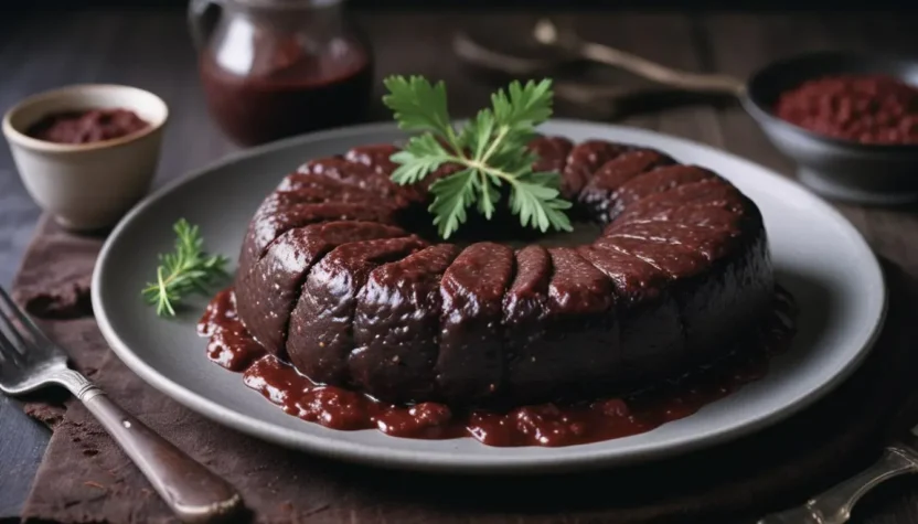 A plate of Swedish blodpudding served with lingonberry jam, crispy bacon, and pickled cabbage, showcasing the traditional blood sausage dish.