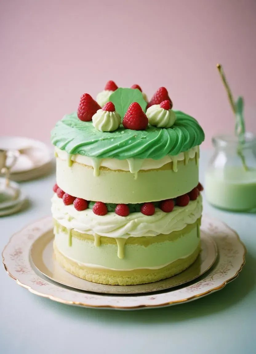 Close-up of a beautifully decorated Prinsesstårta, with a delicate green marzipan covering and a pink sugar rose on top, ready to be served.