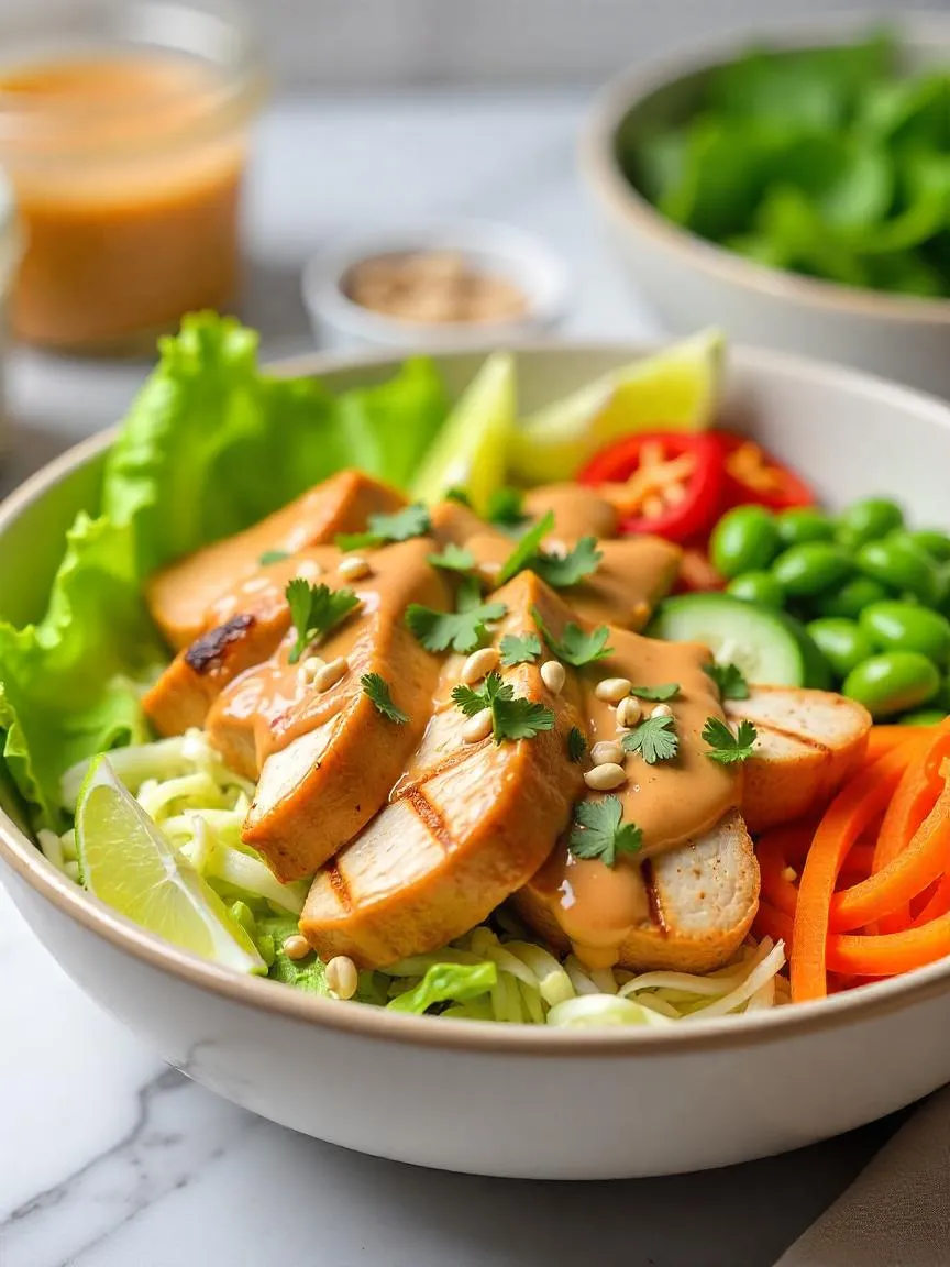Grilled chicken satay salad with colorful spring vegetables and peanut sauce. 