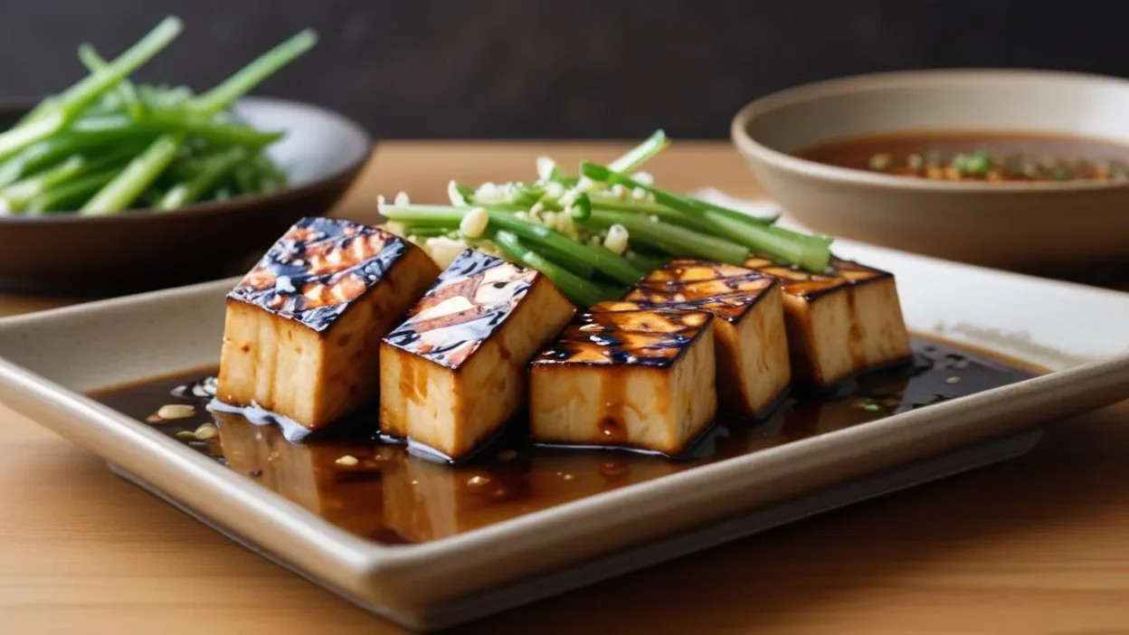 Grilled tofu slices topped with caramelized miso glaze, garnished with green onions and sesame seeds on a ceramic plate.
