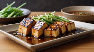 Grilled tofu slices topped with caramelized miso glaze, garnished with green onions and sesame seeds on a ceramic plate.