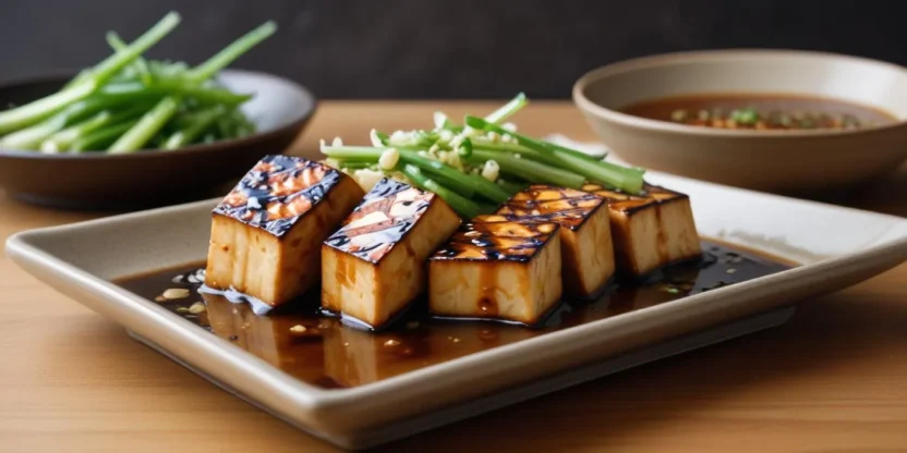 Grilled tofu slices topped with caramelized miso glaze, garnished with green onions and sesame seeds on a ceramic plate.