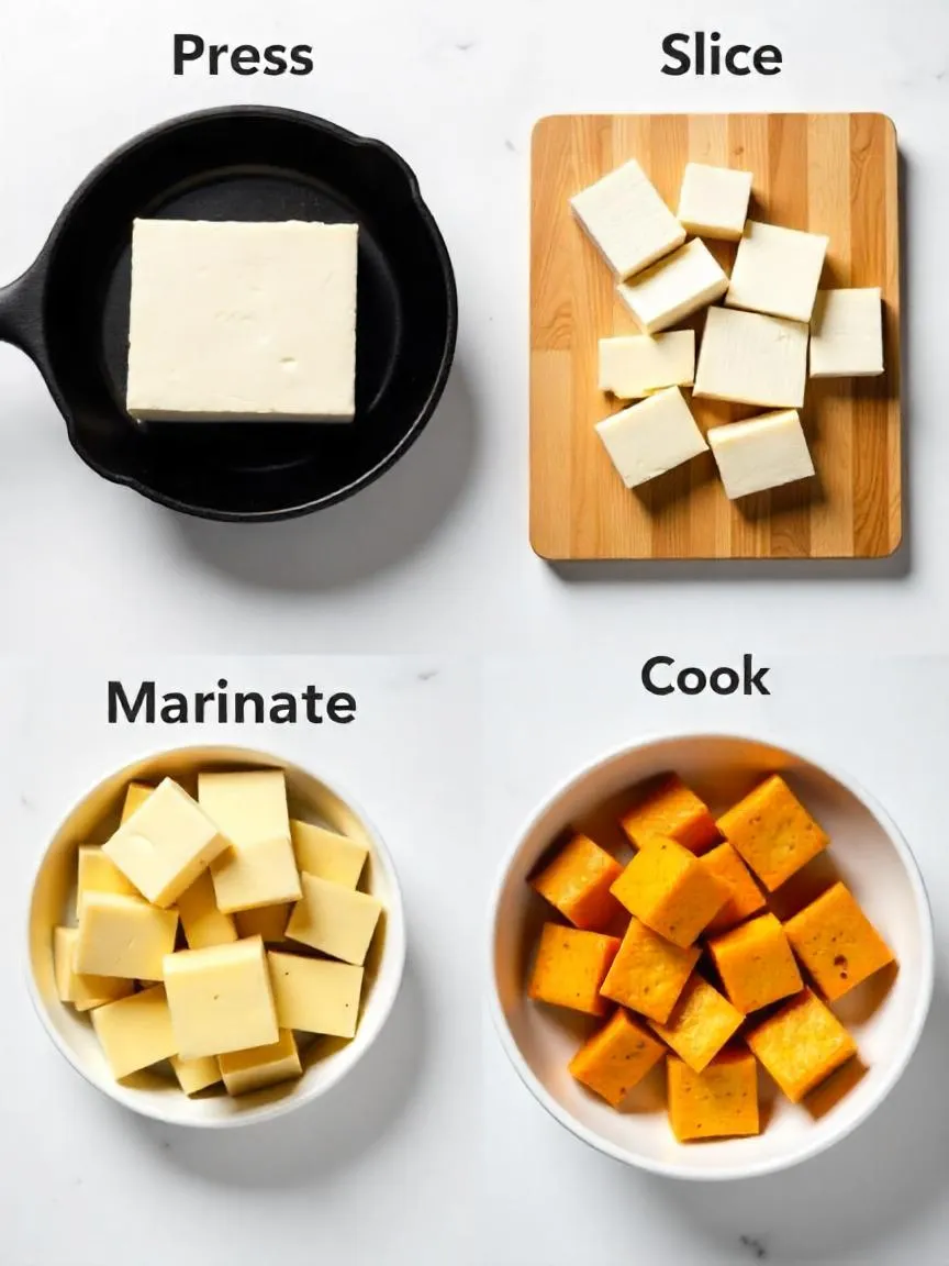 Step-by-step tofu preparation showing pressing, slicing, marinating, and cooking stages.