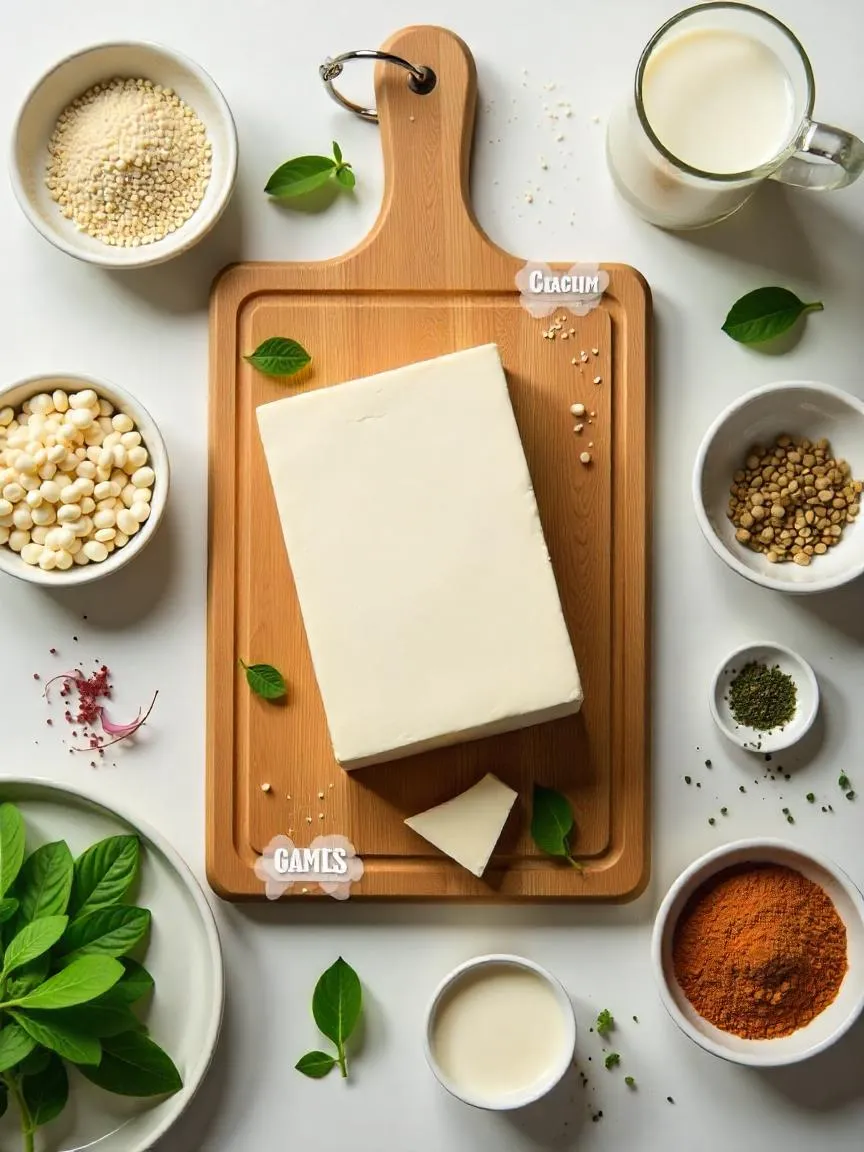 Block of tofu with labeled nutrients like calcium, iron, selenium, and protein sources displayed around it.