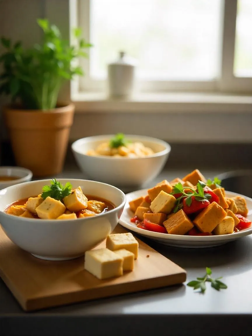 Variety of cooked tofu dishes arranged on a kitchen table with natural light.