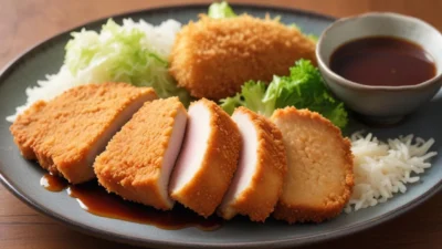 Crispy golden-brown tonkatsu pork cutlet served with shredded cabbage and tonkatsu sauce on a white plate.