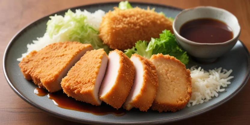 Crispy golden-brown tonkatsu pork cutlet served with shredded cabbage and tonkatsu sauce on a white plate.