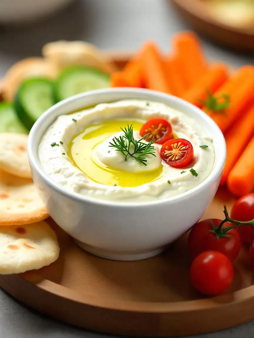 Whipped tofu dip topped with olive oil and herbs, served with pita chips and vegetables.