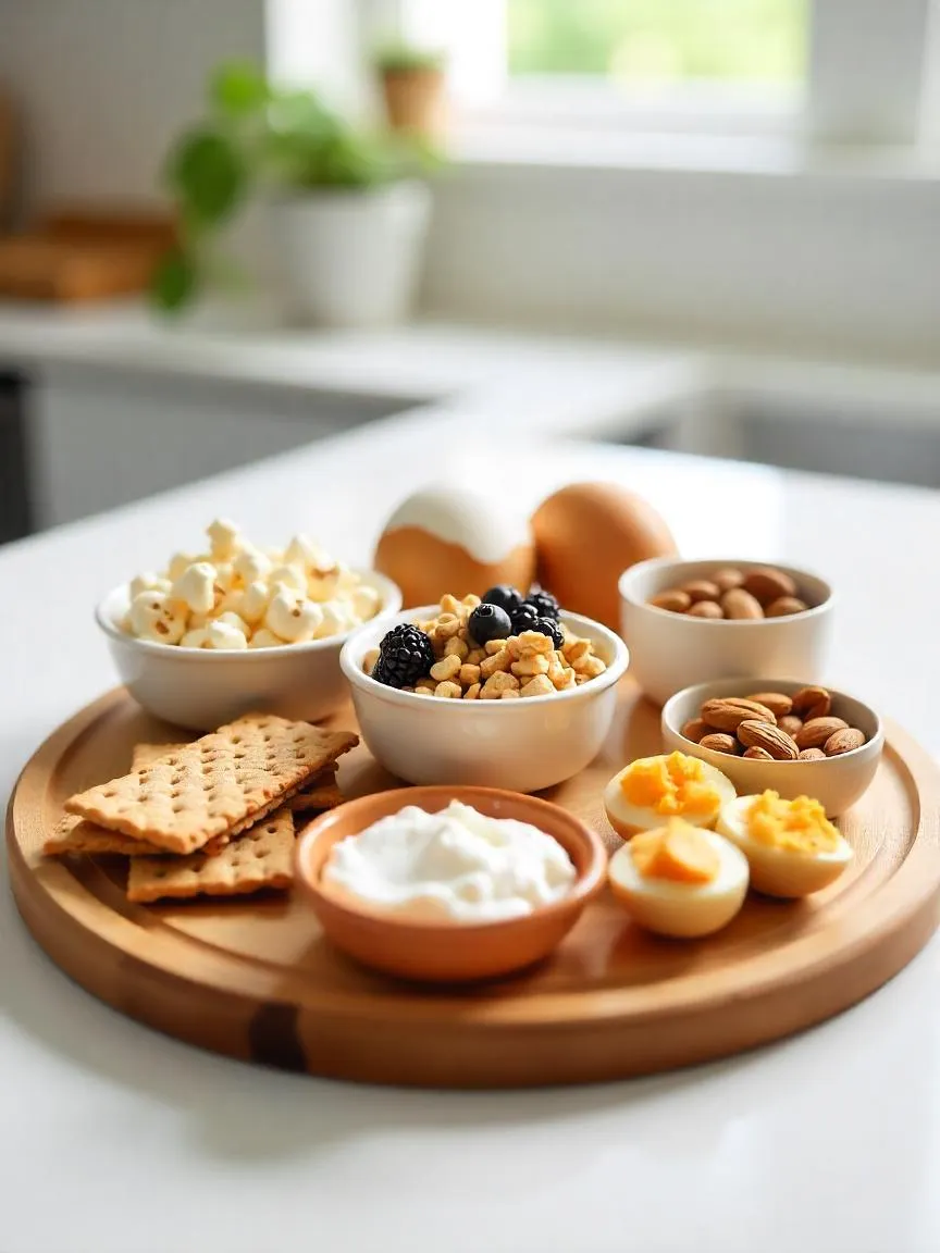Healthy snacks with whole grains, yogurt, eggs, popcorn, nuts, and oatmeal.