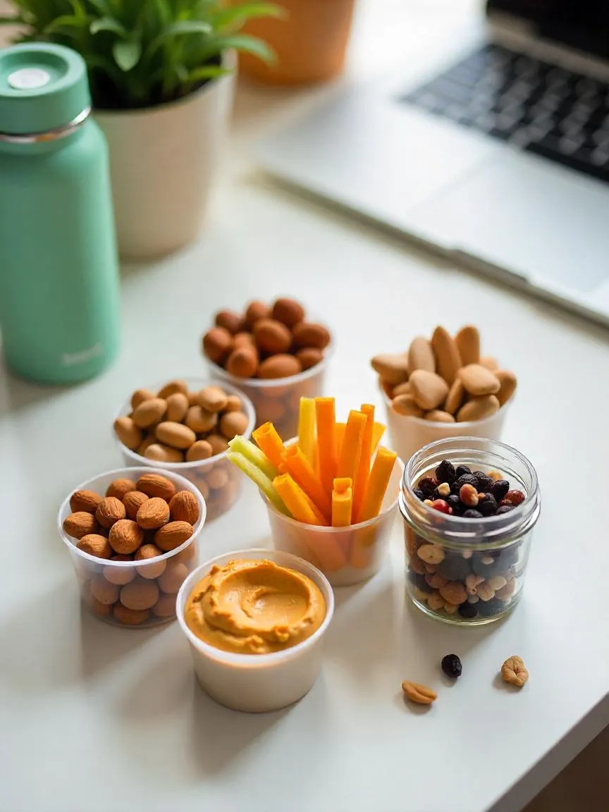 Work desk with energy-boosting snacks including fresh fruits, nuts, and a water bottle.