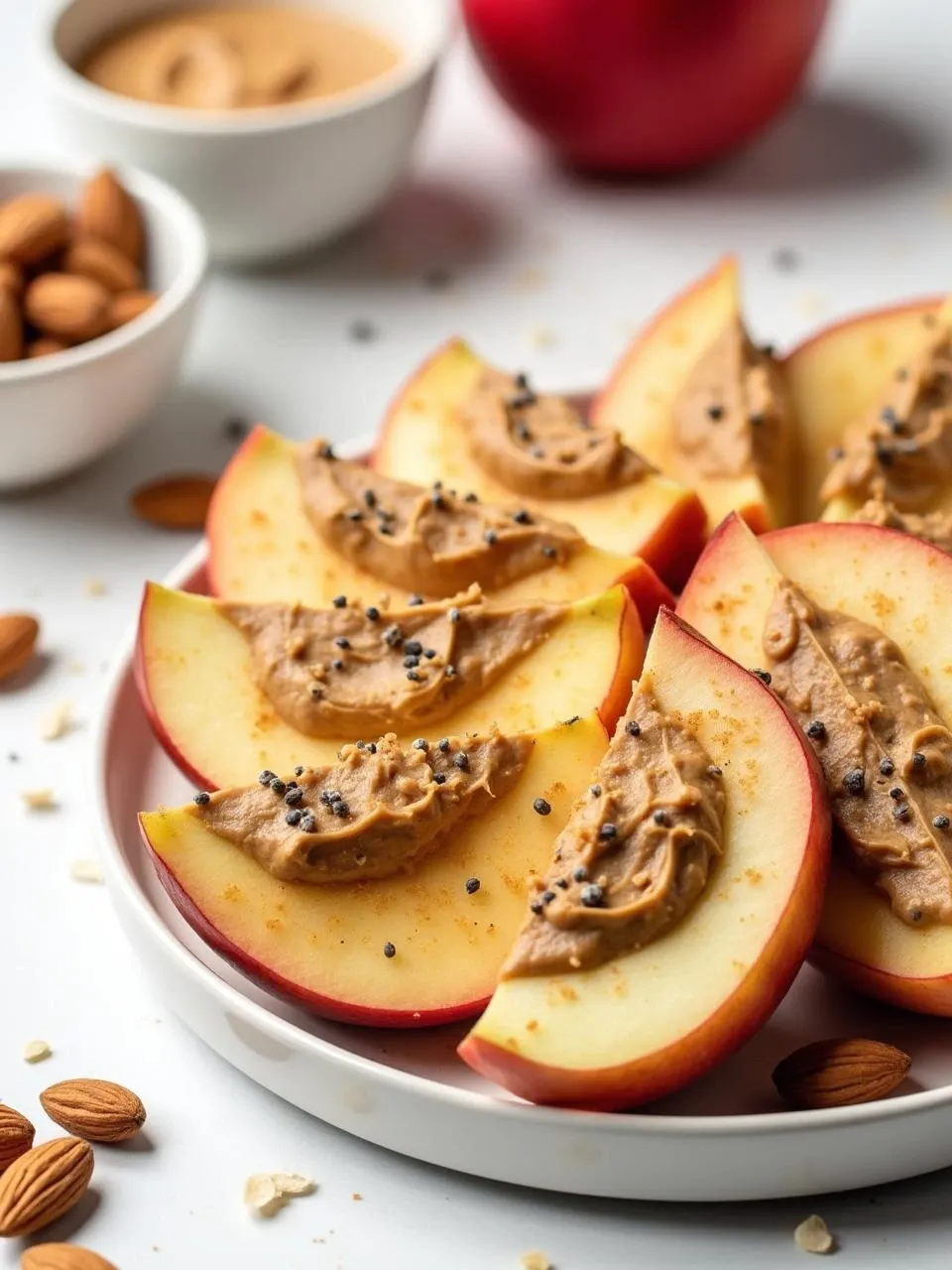 Fresh apple slices topped with almond butter — a simple and nutritious snack idea.