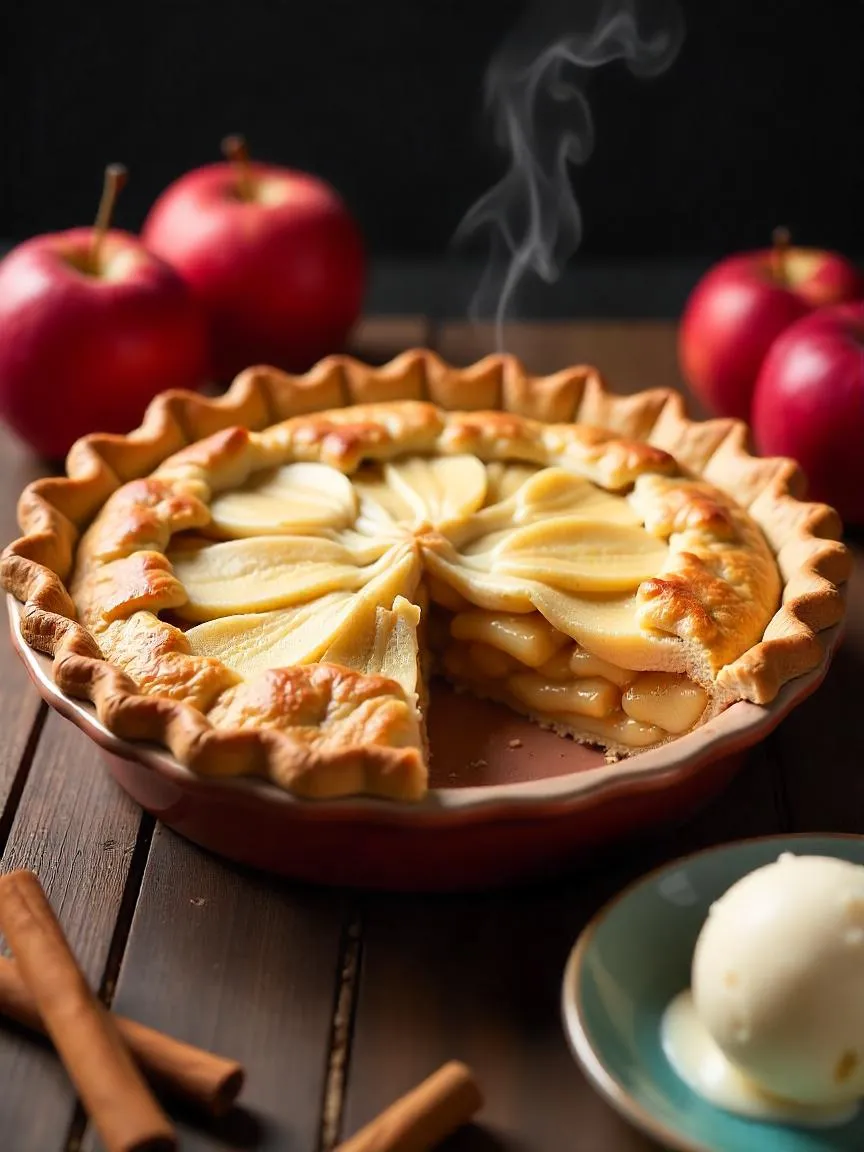 A freshly baked apple pie with a golden crust, filled with spiced apple slices and topped with cinnamon, served on a rustic wooden surface