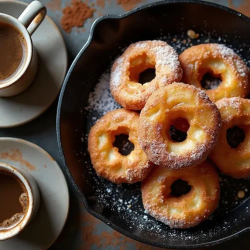 Fried Latvian-style apple rings sprinkled with powdered sugar on a ceramic plate with a tea cup.