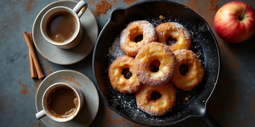 Fried Latvian-style apple rings sprinkled with powdered sugar on a ceramic plate with a tea cup.