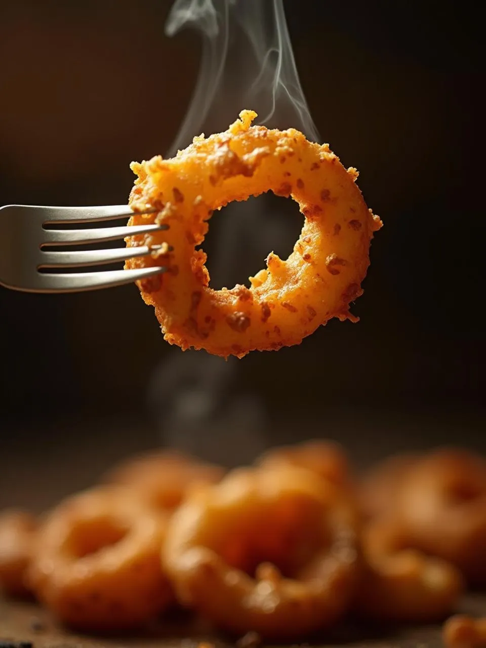 A golden apple fritter on a fork, crispy on the outside and soft inside.