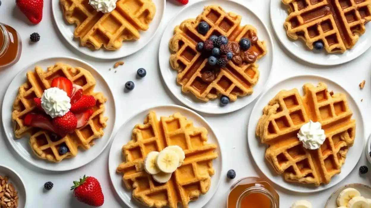 Assortment of sweet and savory waffles with toppings like strawberries, syrup, almond butter, and sour cream, arranged on a breakfast table with fresh fruit and nuts.