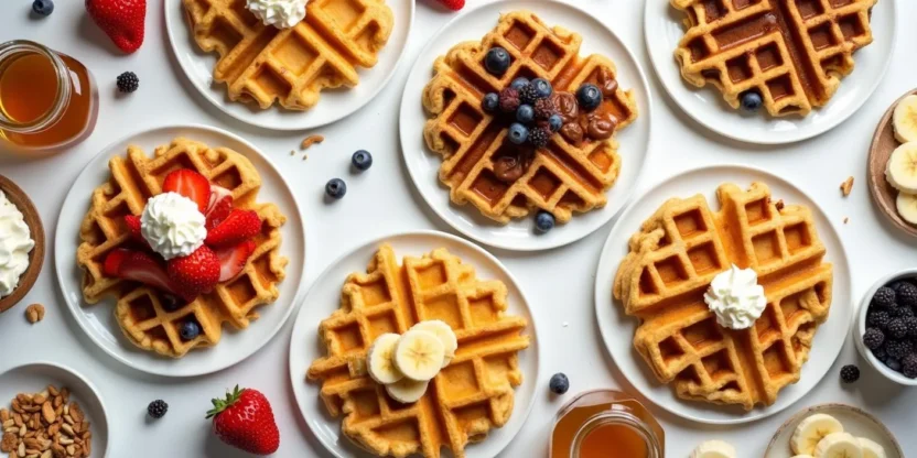 Assortment of sweet and savory waffles with toppings like strawberries, syrup, almond butter, and sour cream, arranged on a breakfast table with fresh fruit and nuts.