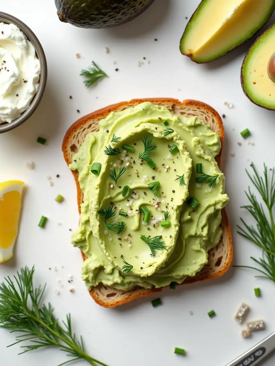 Whole grain sandwich topped with avocado and cottage cheese spread, garnished with fresh herbs and black pepper, displayed with avocado halves, cottage cheese bowl, and lemon wedge on a bright kitchen background.