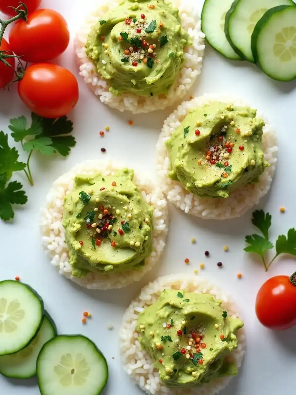 Rice cakes topped with mashed avocado, garnished with chili flakes, sesame seeds, and fresh herbs, served with cherry tomatoes and cucumber slices on a bright tabletop.