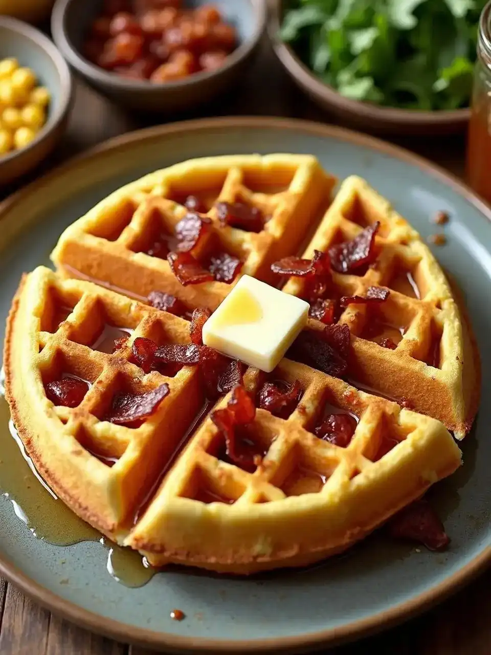 Cornmeal waffles with crispy bacon, served with maple syrup, butter, and a side of greens on a rustic plate.