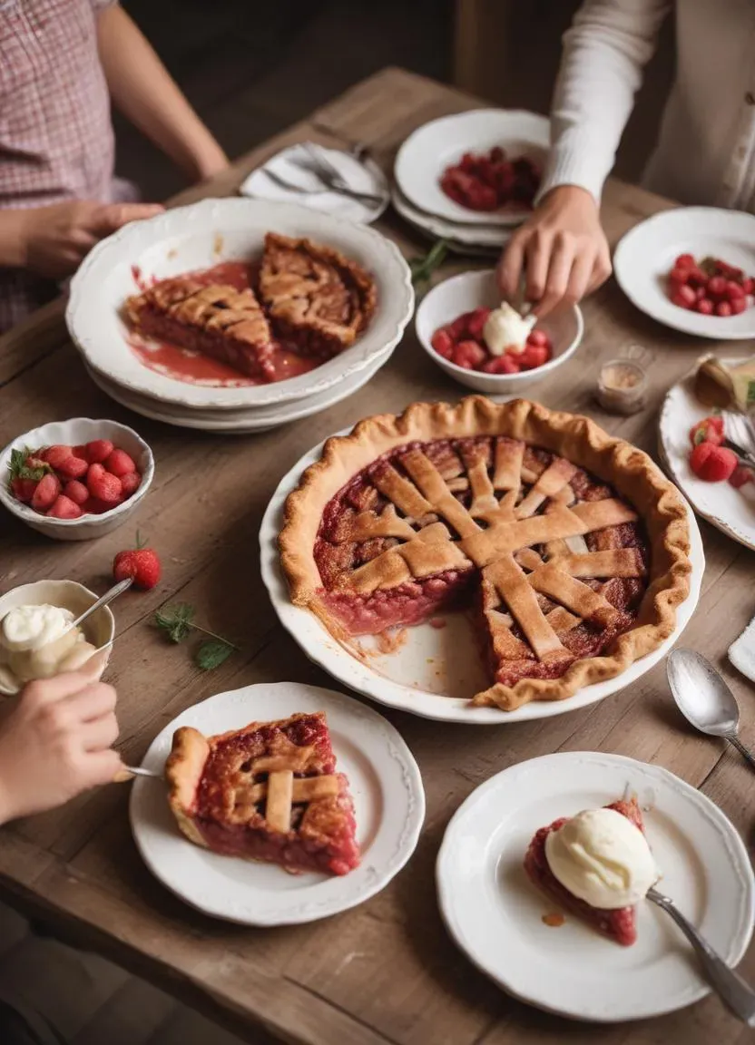 Freshly baked rhubarb pie in a ceramic dish, surrounded by ingredients like rhubarb stalks, sugar, and vanilla sauce.