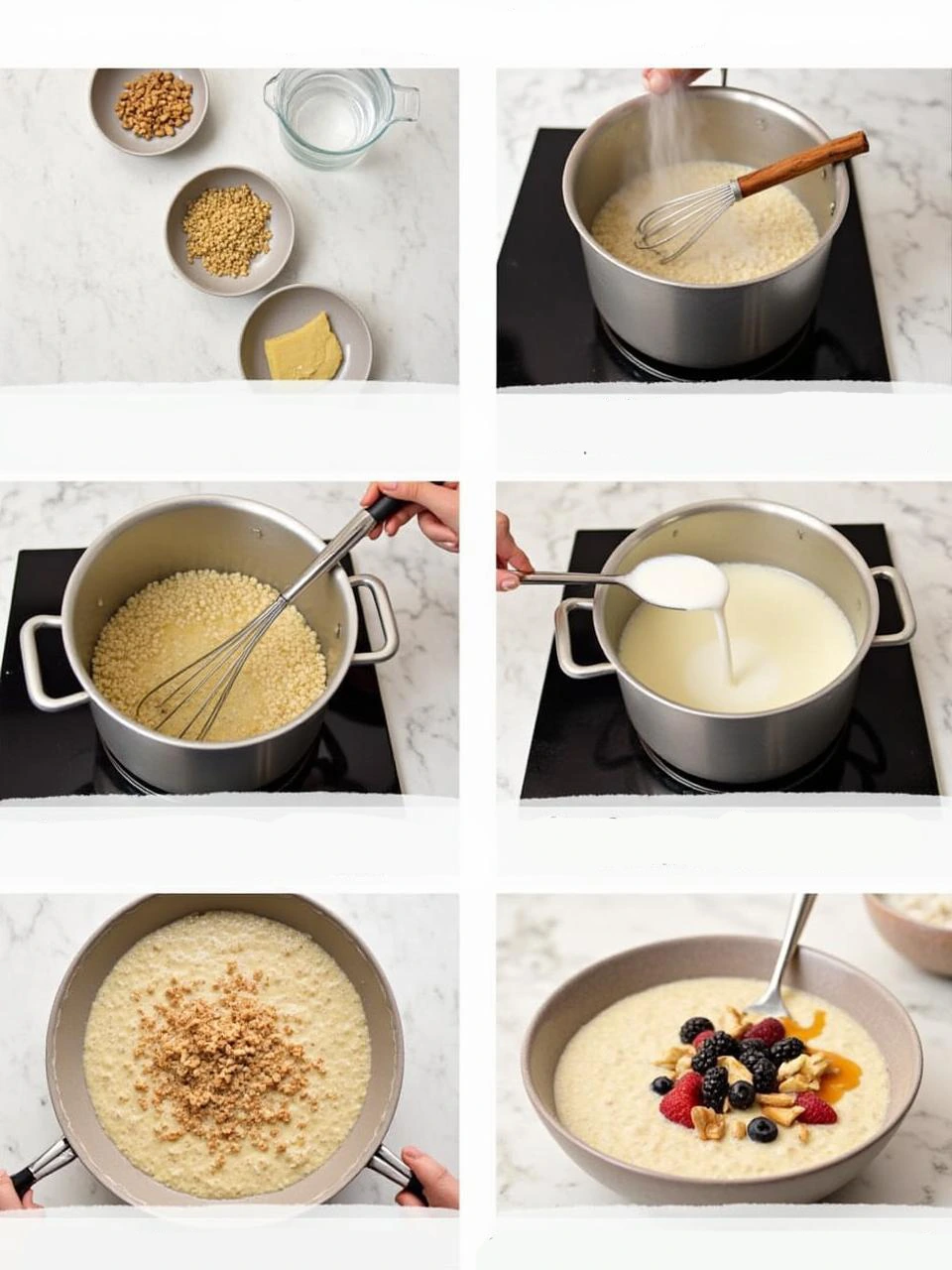 Step-by-step preparation of homemade barley porridge, from boiling pearl barley to adding milk and toppings.