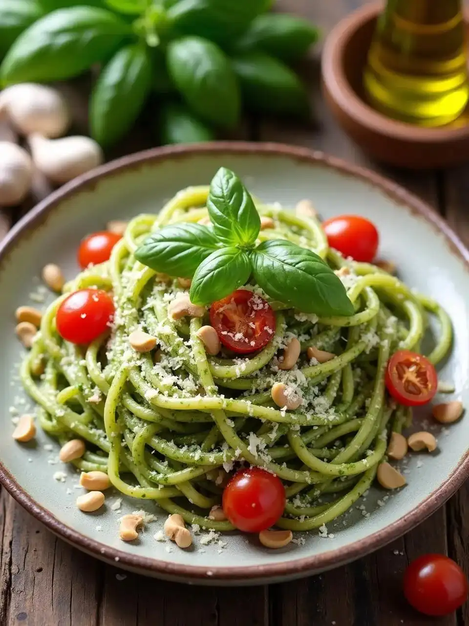 Spaghetti tossed in fresh basil pesto sauce, garnished with grated Parmesan and basil leaves, served in a white bowl
