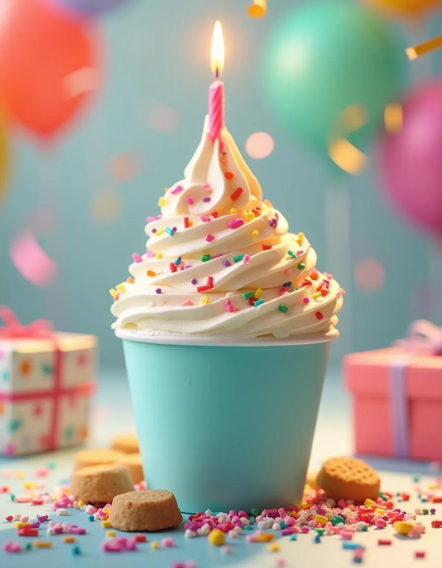 Birthday cake frozen yogurt with rainbow sprinkles and a lit candle in a pastel cup. 