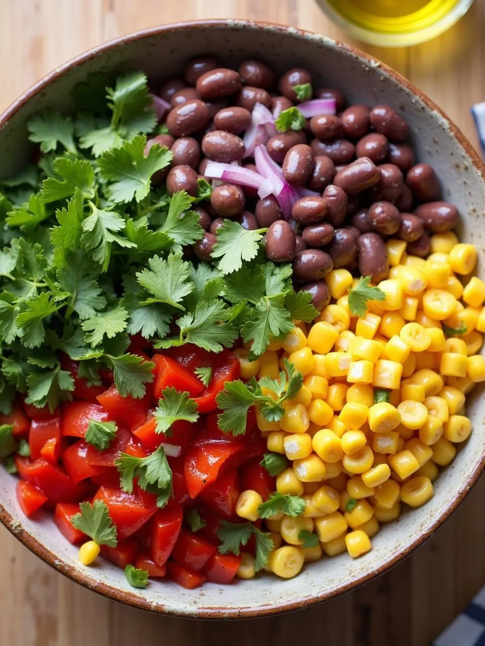 A colorful black bean and corn medley with diced tomatoes, red onion, and cilantro, served in a bowl as a fresh and zesty side dish or salad