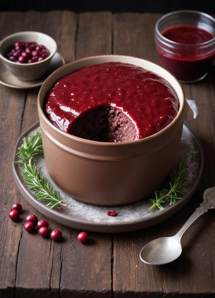 Close-up of a traditional Swedish blodpudding, a blood sausage made from pig’s blood and served with bacon and lingonberry jam.