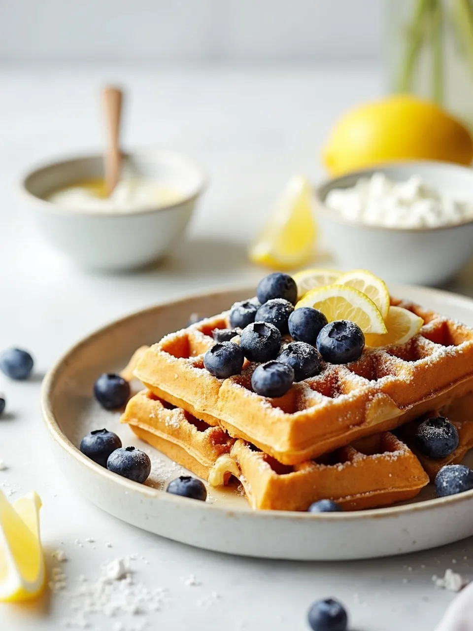 Blueberry lemon ricotta waffles topped with fresh berries, powdered sugar, and lemon slices, served with honey and whipped ricotta.