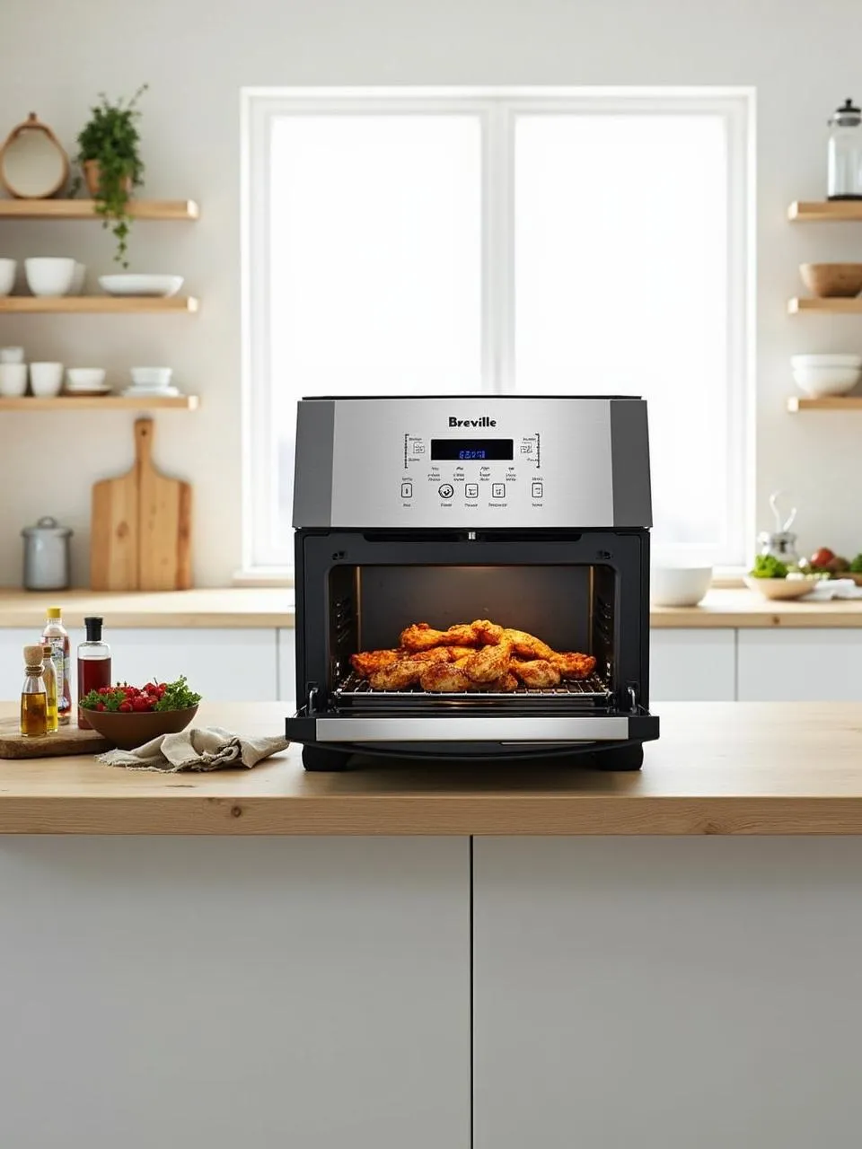 Breville Smart Oven Air Fryer cooking chicken wings and vegetables on a modern kitchen counter with glowing digital display.