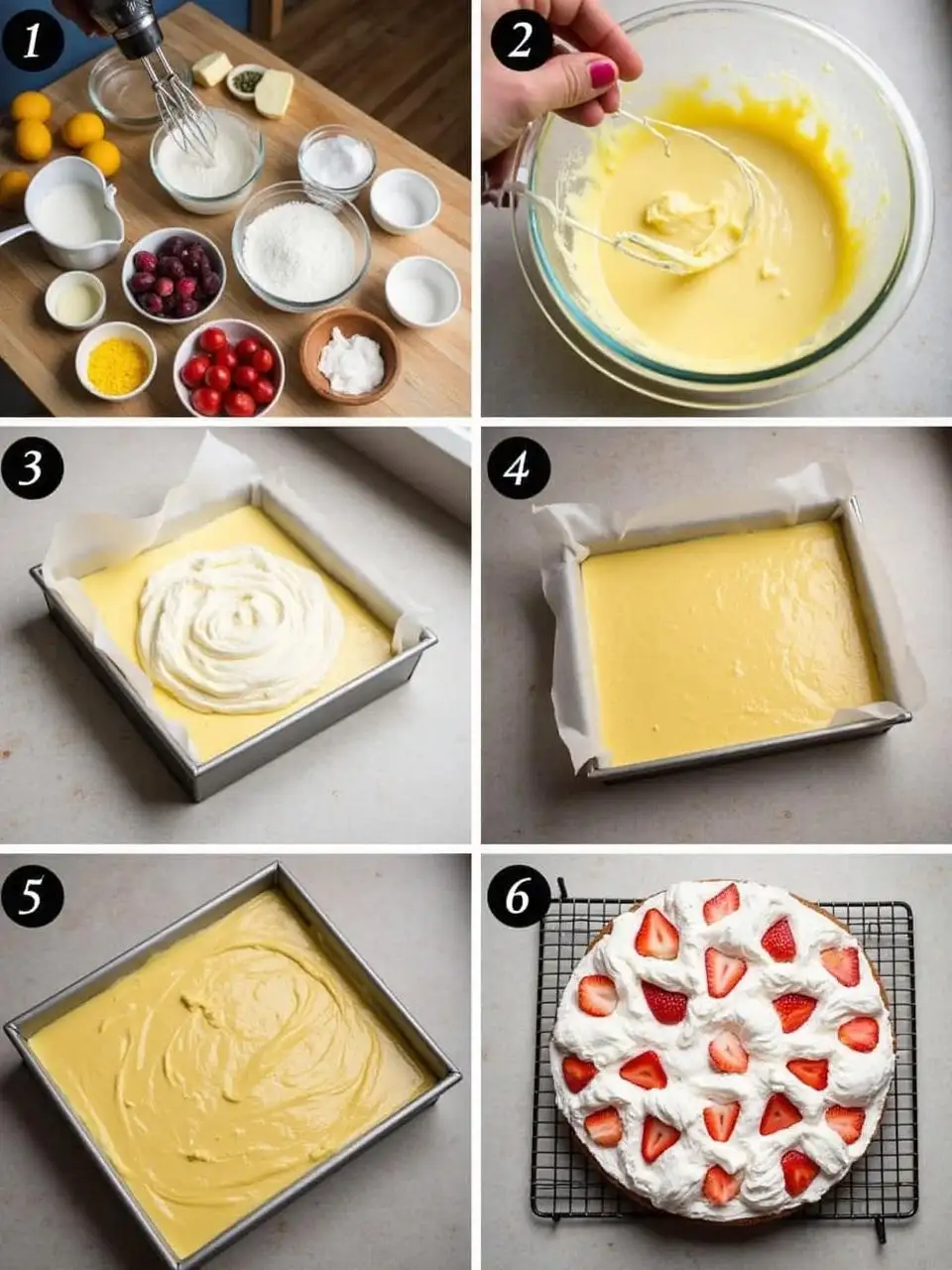 Step-by-step preparation of Finnish Brita Cake with meringue, sponge cake, whipped cream, and strawberries in a light Nordic kitchen setting.