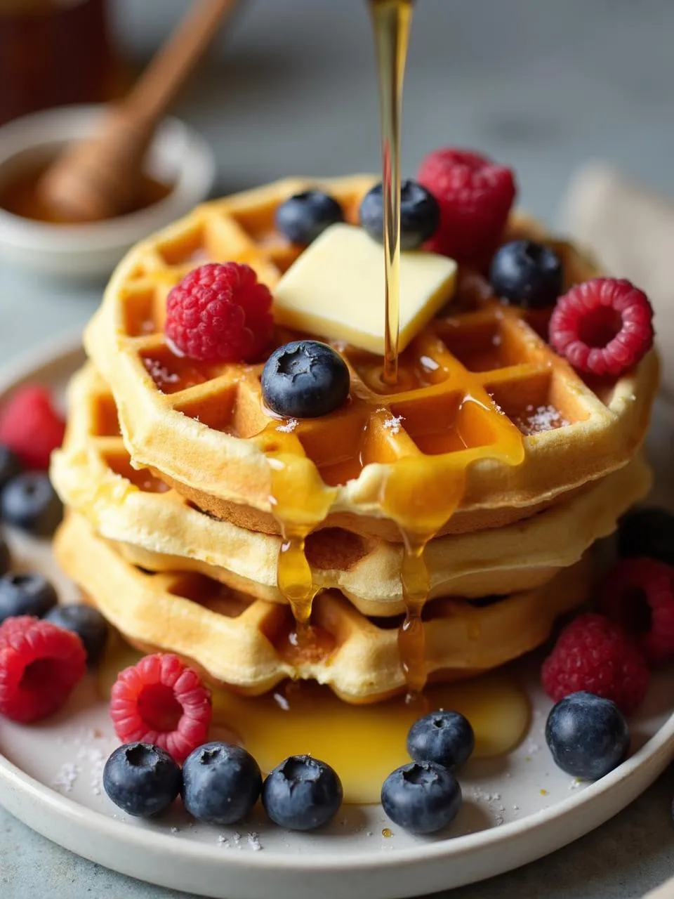 Homemade buttermilk waffles drizzled with honey — golden, fluffy, and ready to serve.