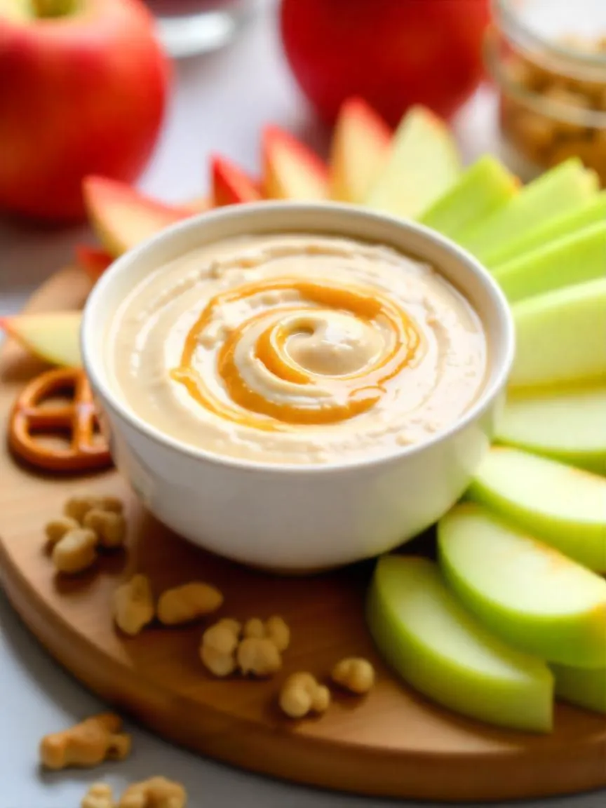 A bowl of creamy caramel apple dip surrounded by fresh apple slices, perfect for a sweet and easy snack or party treat