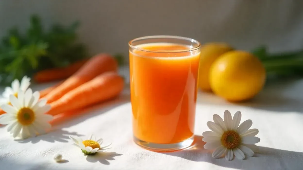 Glass of carrot kissel with milk and fresh carrots on the side.