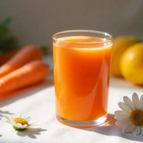 Glass of carrot kissel with milk and fresh carrots on the side.