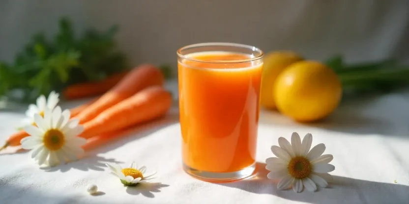 Glass of carrot kissel with milk and fresh carrots on the side.