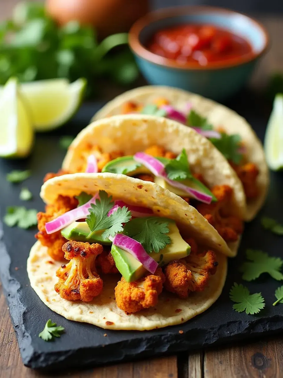 Vegan cauliflower tacos with avocado, pickled onions, cilantro, and lime crema in soft corn tortillas, served street-food style.