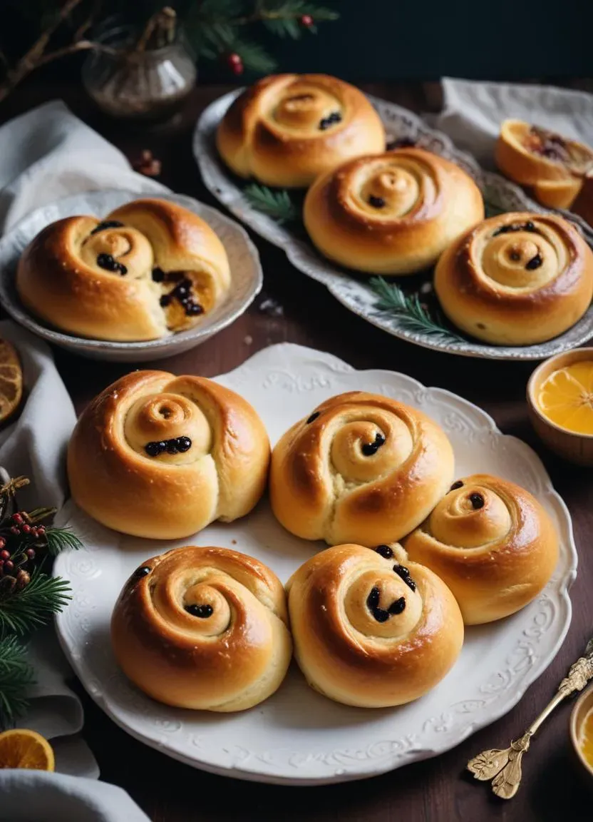 Traditional Swedish lussekatter, soft and fluffy saffron buns decorated with raisins, perfect for holiday celebrations.